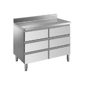 Mobile monostruttura inox con due cassettiere,piano con alzatina