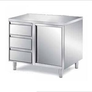 Mobile monostruttura inox con e 3 cassetti ed armadio, piano senza alzatina
