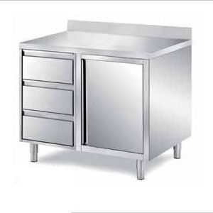 Mobile monostruttura inox 600 con una cassettiera ed armadio, piano con alzatina.