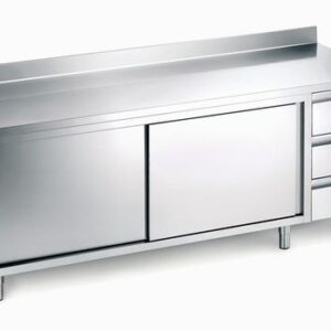 Mobile monostruttura inox 700 con una cassettiera ed armadio, piano con alzatina.