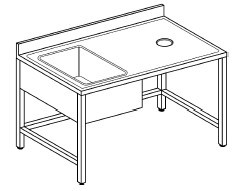 Unità di preparazione combinata autonoma inox su gambe con vasca laterale e foro di scarico