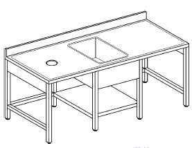 Unità di preparazione combinata autonoma inox su gambe con vasca centrale e foro di scarico