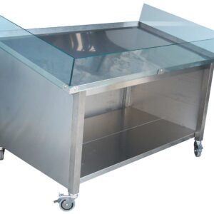Banco inox 1200 su struttura con ripiano inferiore e porte scorrevoli frontali, per esposizione pesce