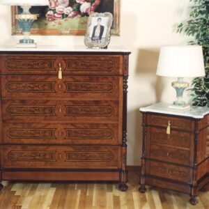 Comodino in noce e radica di mirto e piano in marmo