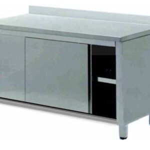 Tavolo armadio inox con n. 2 sportelli scorrevoli e alzatina